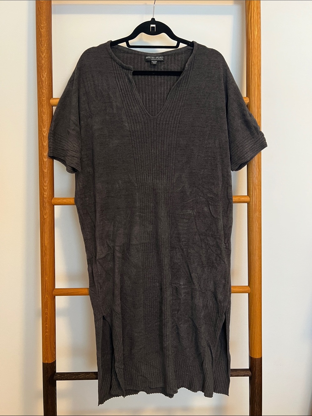 Barefoot Dreams CozyChic Ultra Lite Charcoal V-Neck Short Sleeve Tunic Dress OS